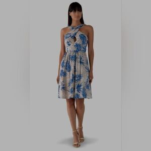 NWT BCBGMaxAzria Beige Tropical Leaf Print V-Neck Sleeveless Mini Dress Size L